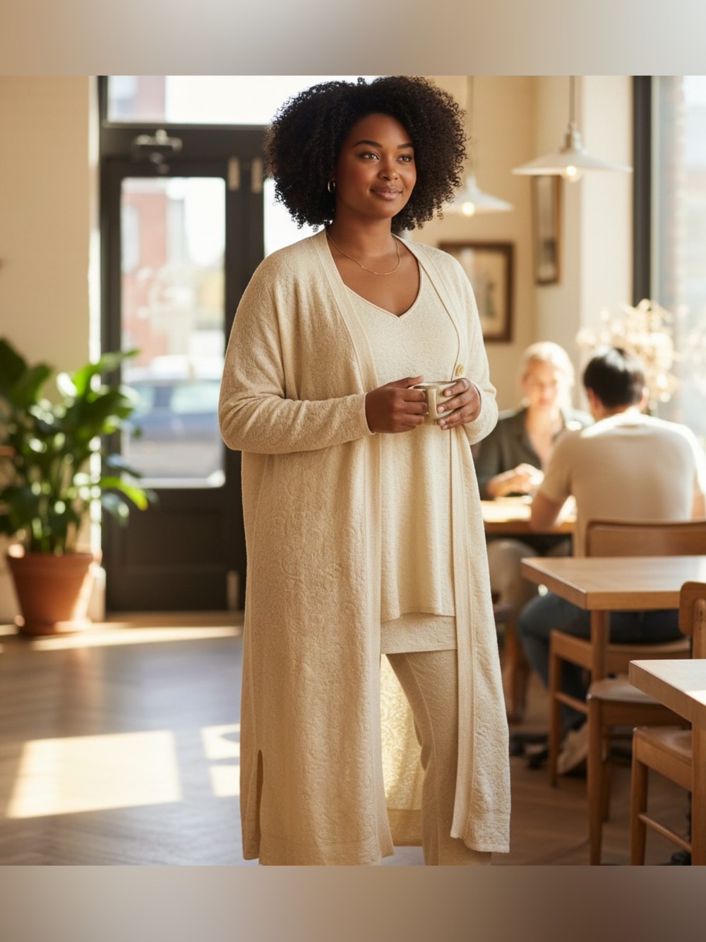 Jones New York Cream Knit Set, V-Neck Tank & Longline Cardigan, Size L/XLNeutral